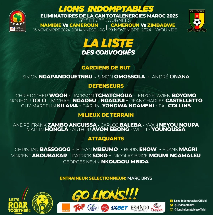 La liste du Cameroun
