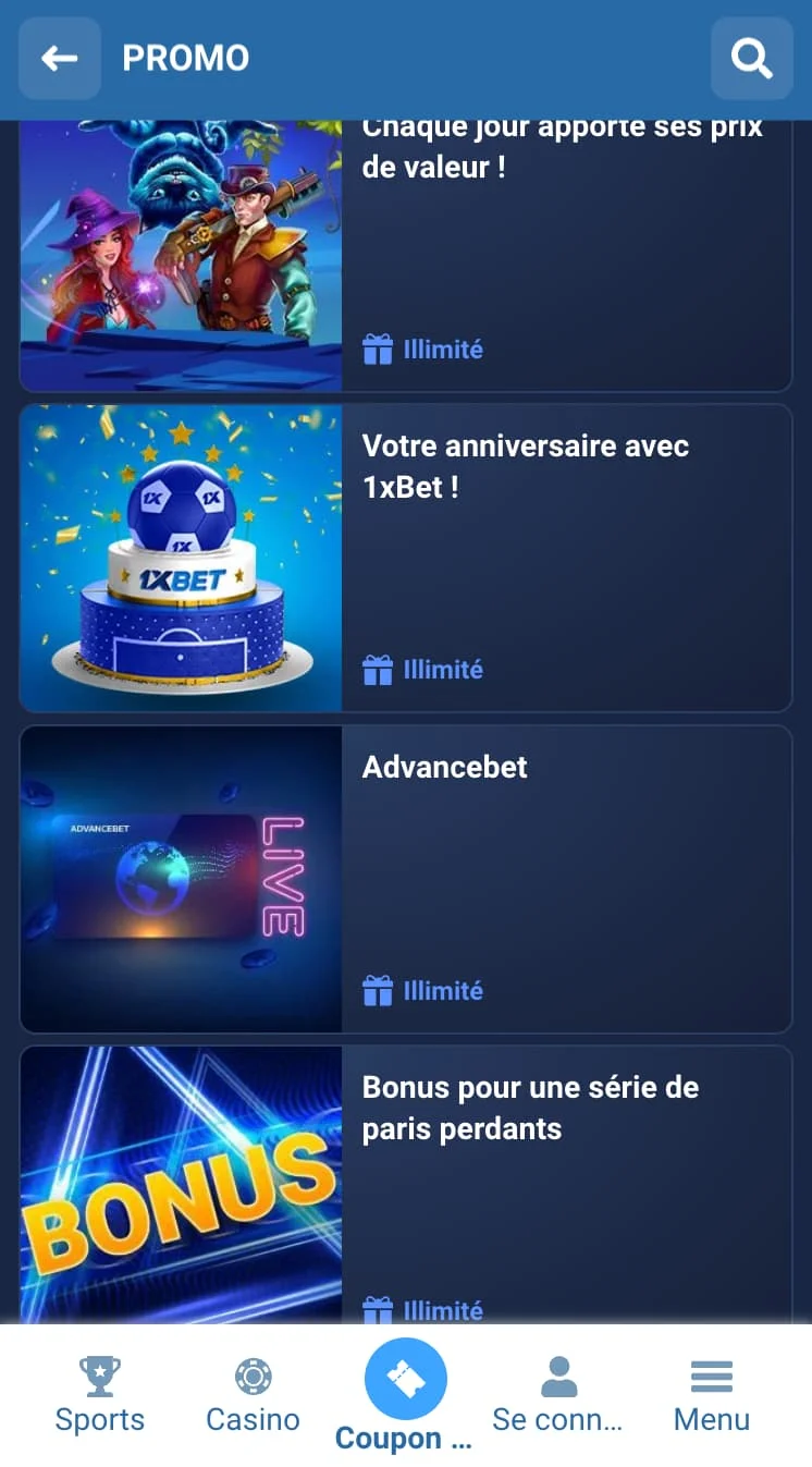 Bonus pour les joueurs de 1xbet
