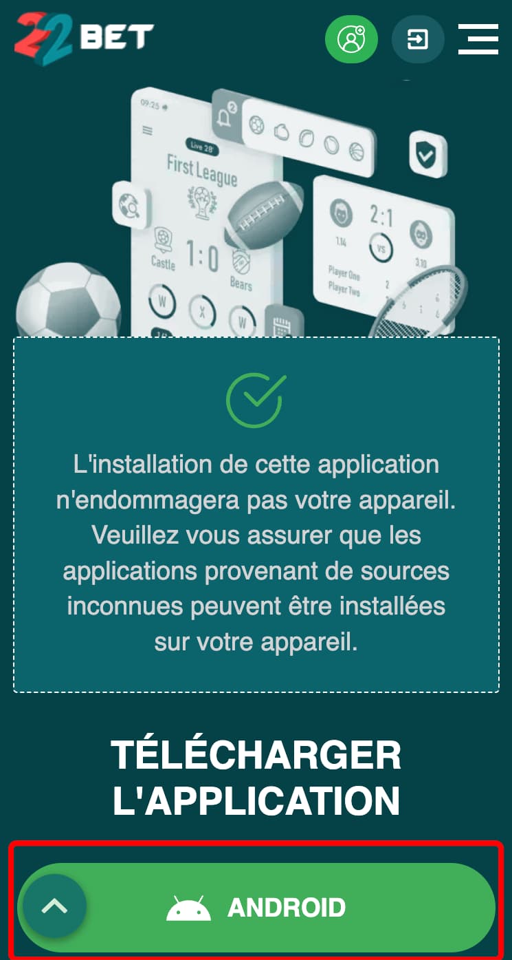 l'application 22bet sur Android