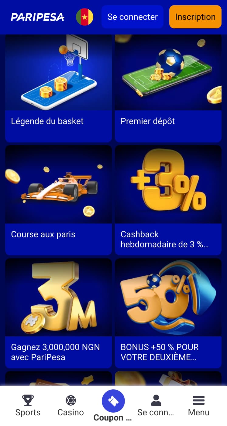 Bonus disponibles pour les joueurs