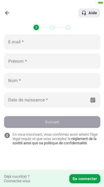 Processus d'enregistrement dans l'application