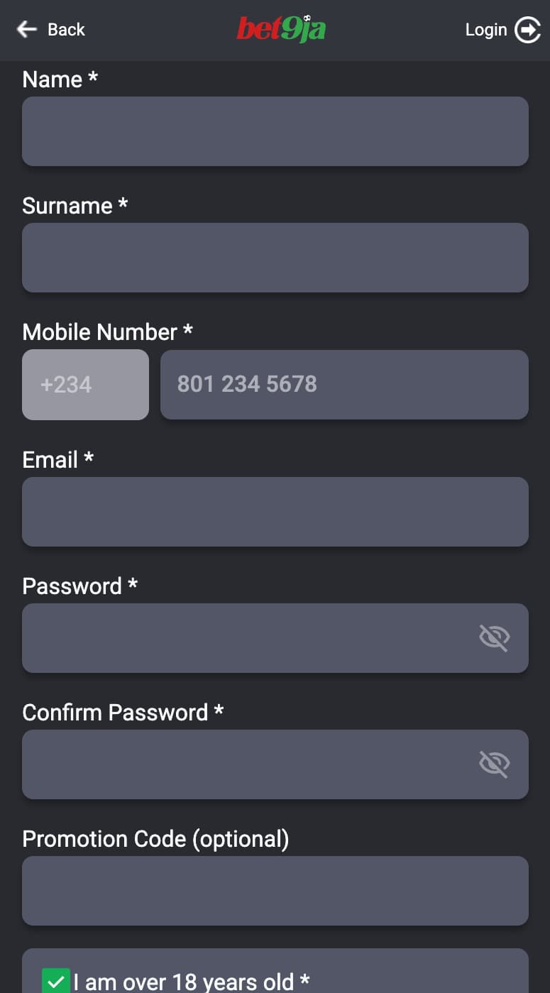 Registration on Bet9ja app