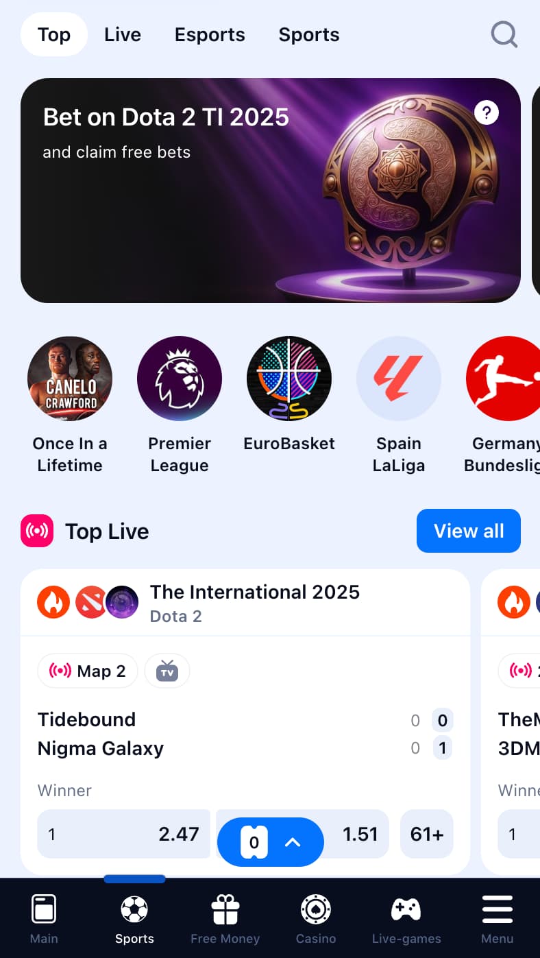 Interfaz de la App 1win mostrando bonos y apuestas
