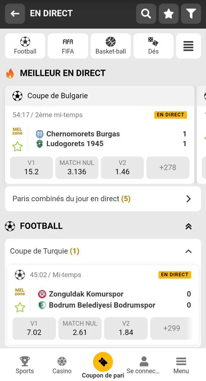 Section sportive chez Melbet