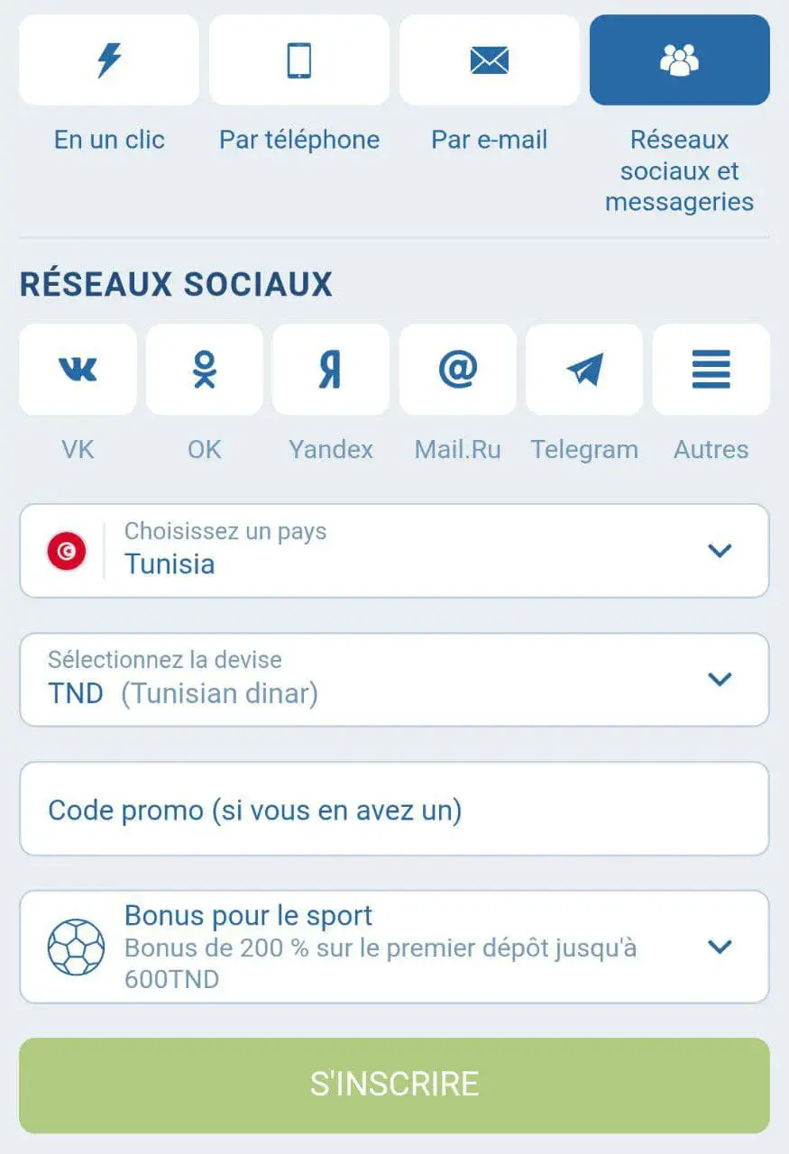 Inscription sur 1xbet via les réseaux sociaux