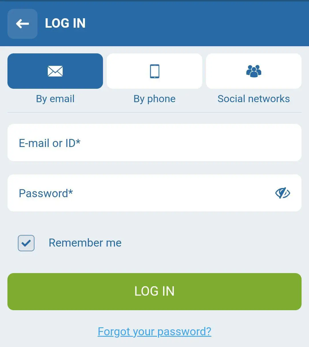 Interfaz de la app móvil de 1xbet mostrando opciones de login y apuestas