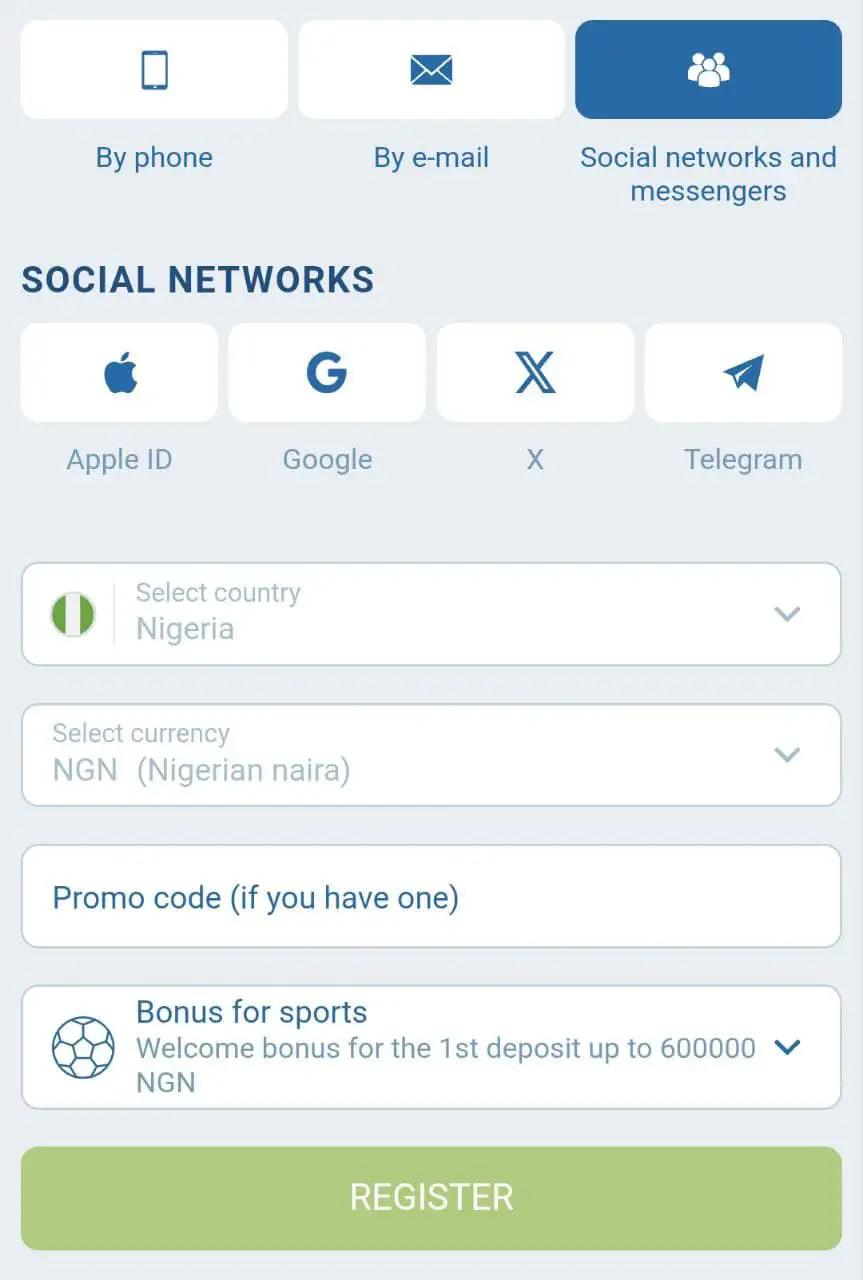 Registration at a bookmaker via social networks