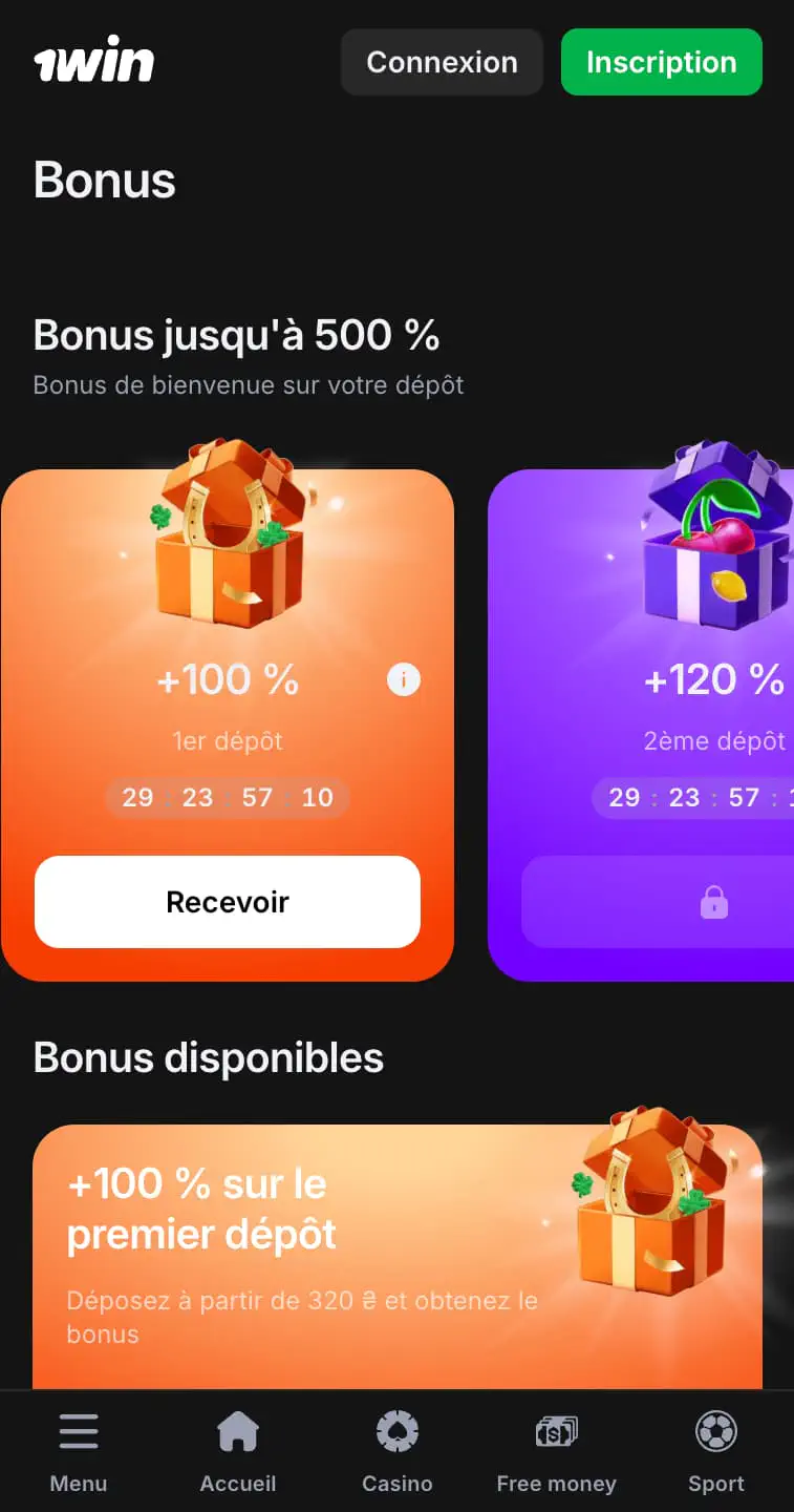 Bonus de bienvenue dans l'application 1Win