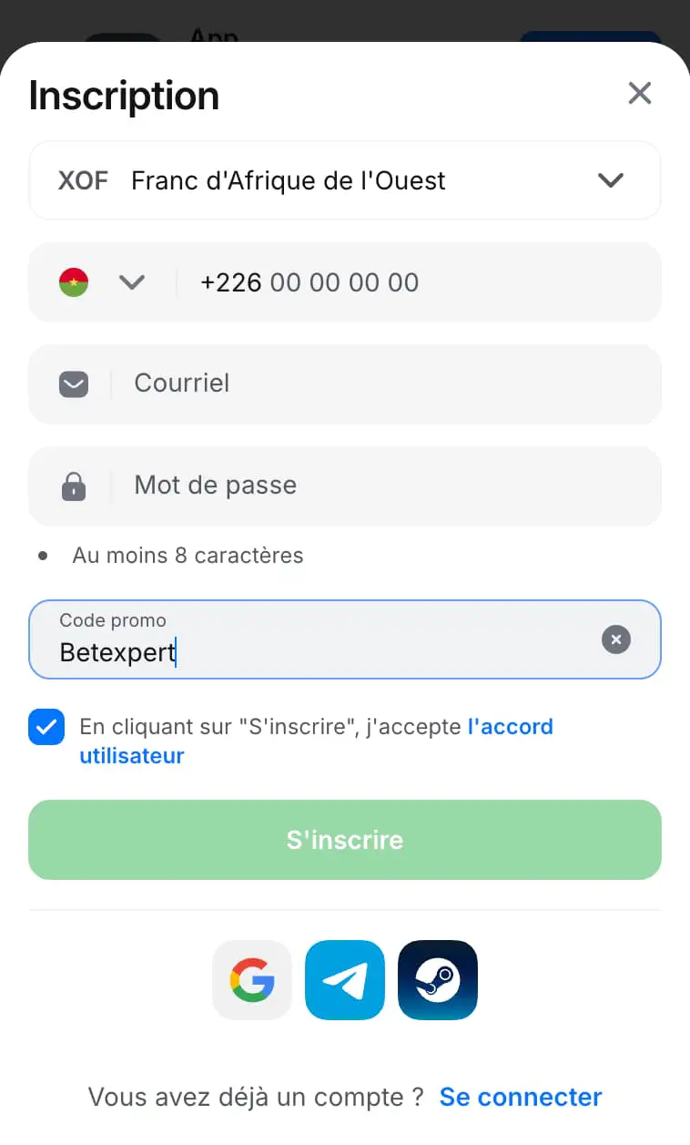 Inscription sur l’app 1Win