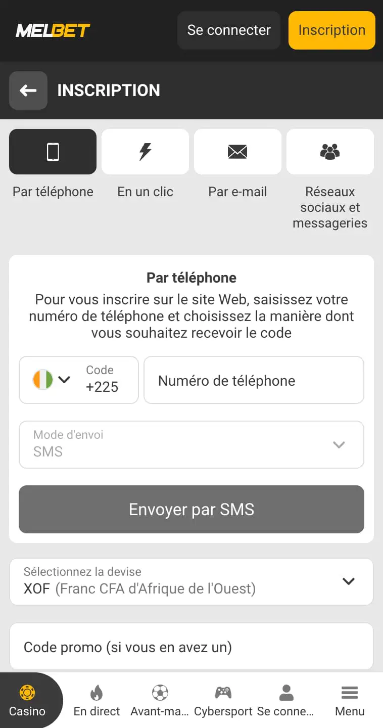 Inscription sur Melbet via un APK