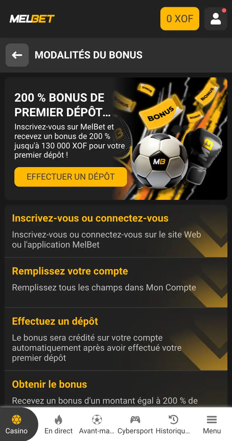 Bonus de bienvenue de Melbet