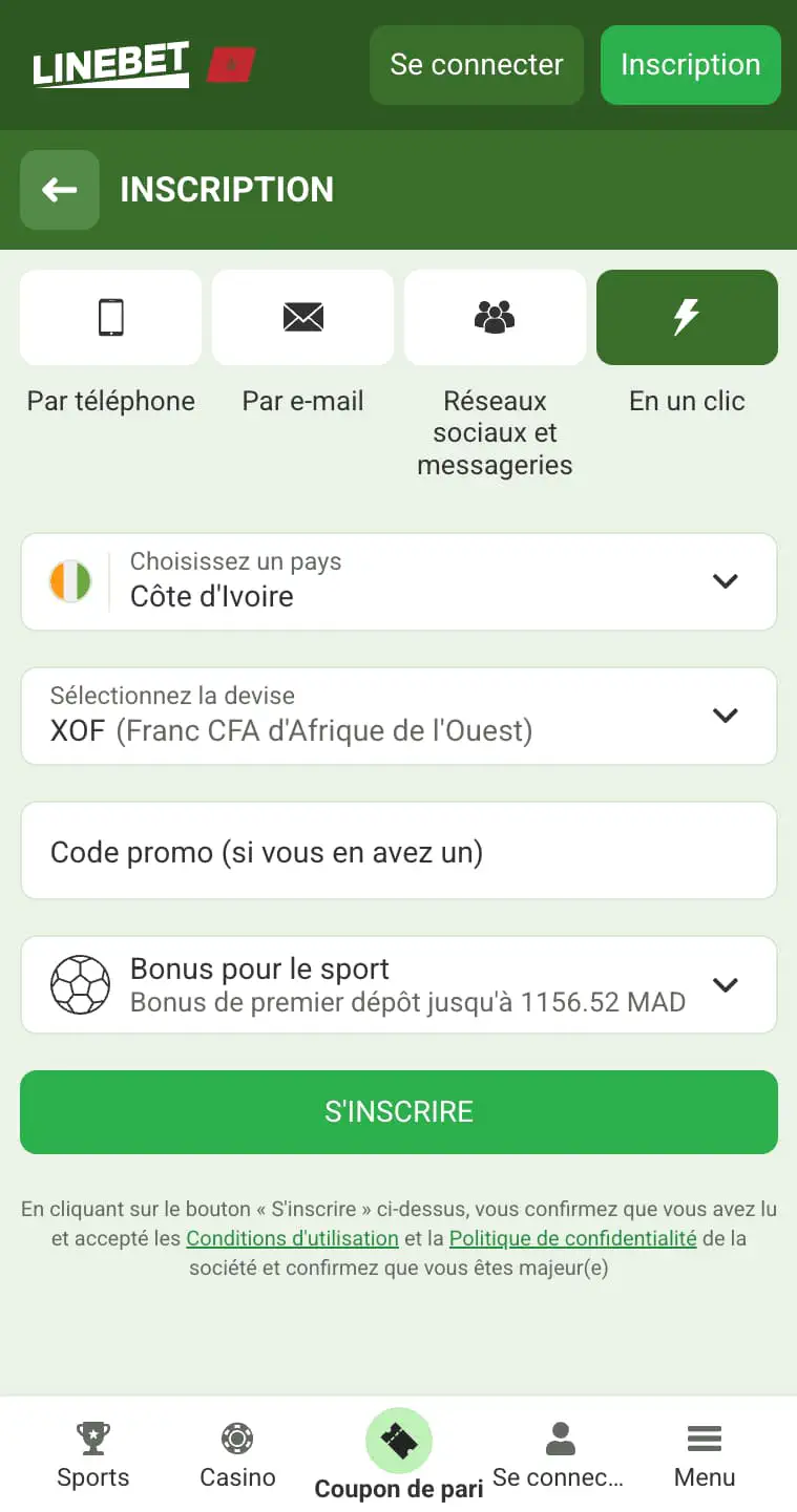 inscription à Linebet