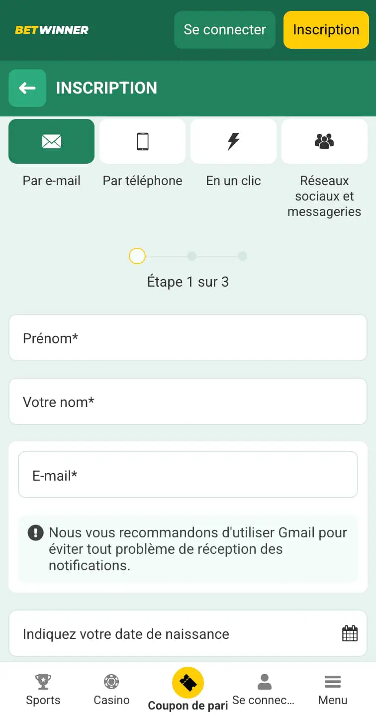 Inscription par e-mail sur Betwinner