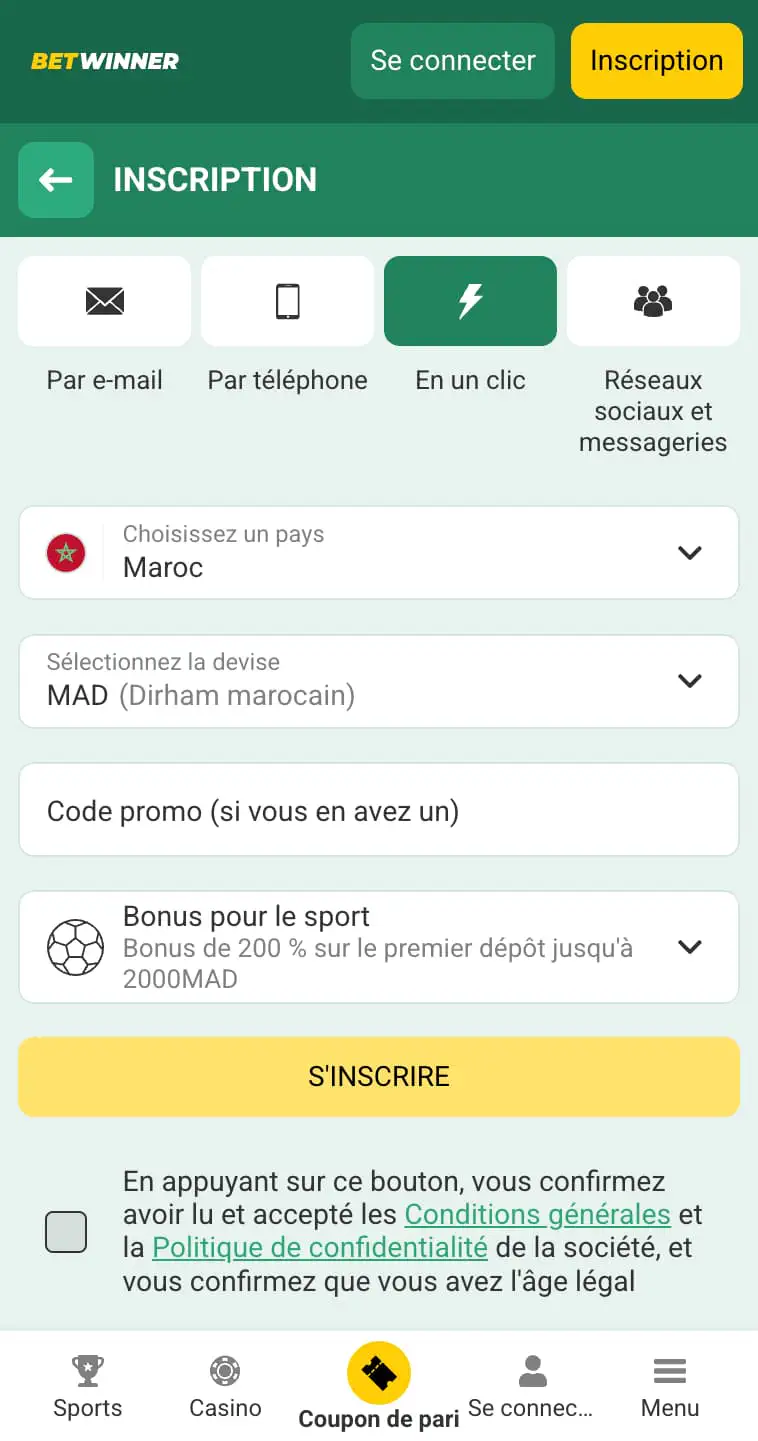 Inscription en un clic sur Betwinner