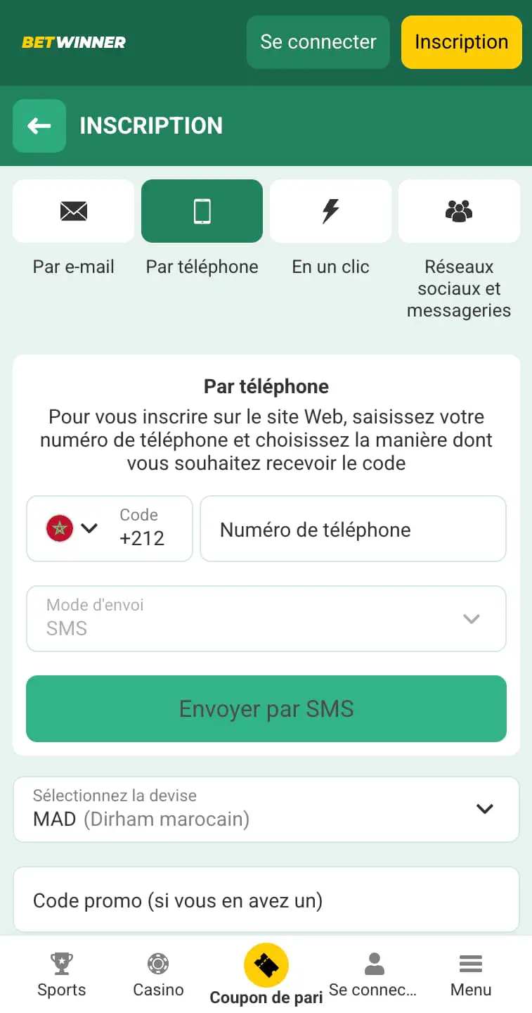 Inscription sur l’application mobile Betwinner