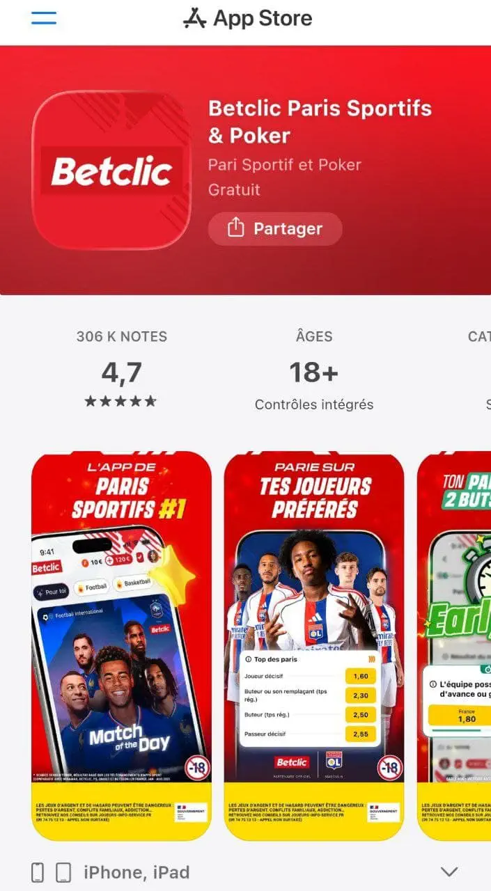 L'application mobile Betclic sur l'App Store