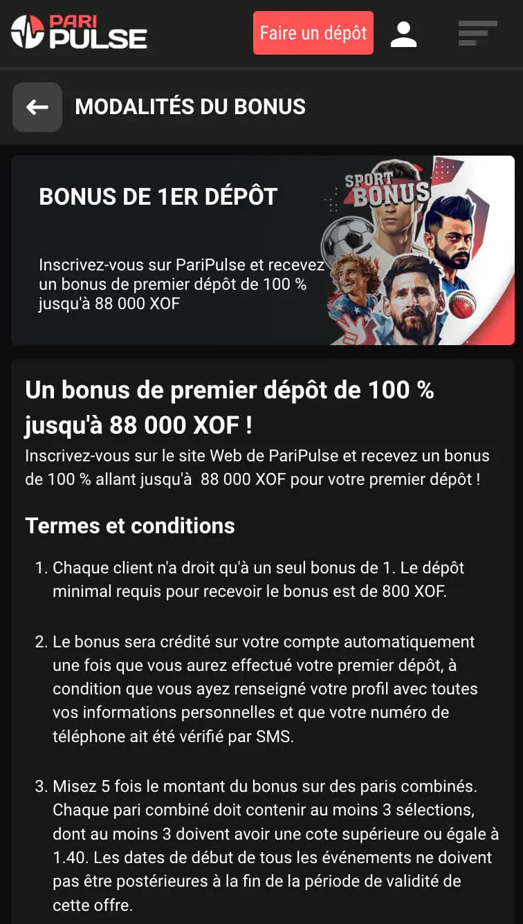 Bonus de premier dépôt PariPulse