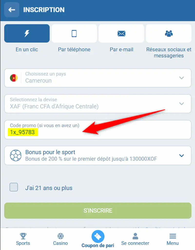 Code promotionnel 1xbet pour le bonus de bienvenue