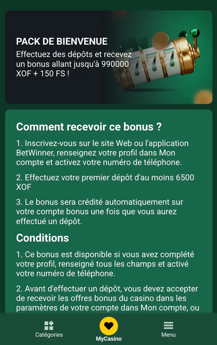 code promo Betwinner casino