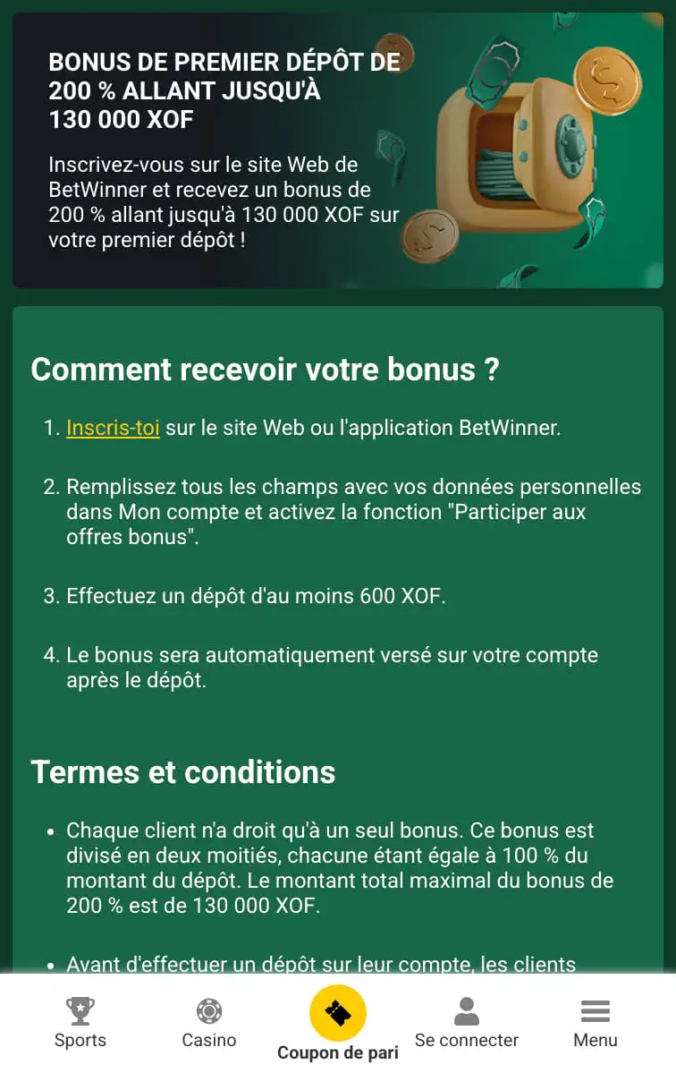 Betwinner Bonus pour les paris sportifs