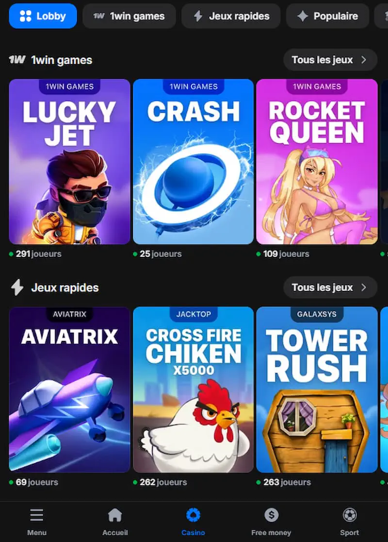 Jeux de casino 1win