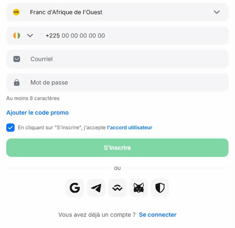 Inscription sur 1win