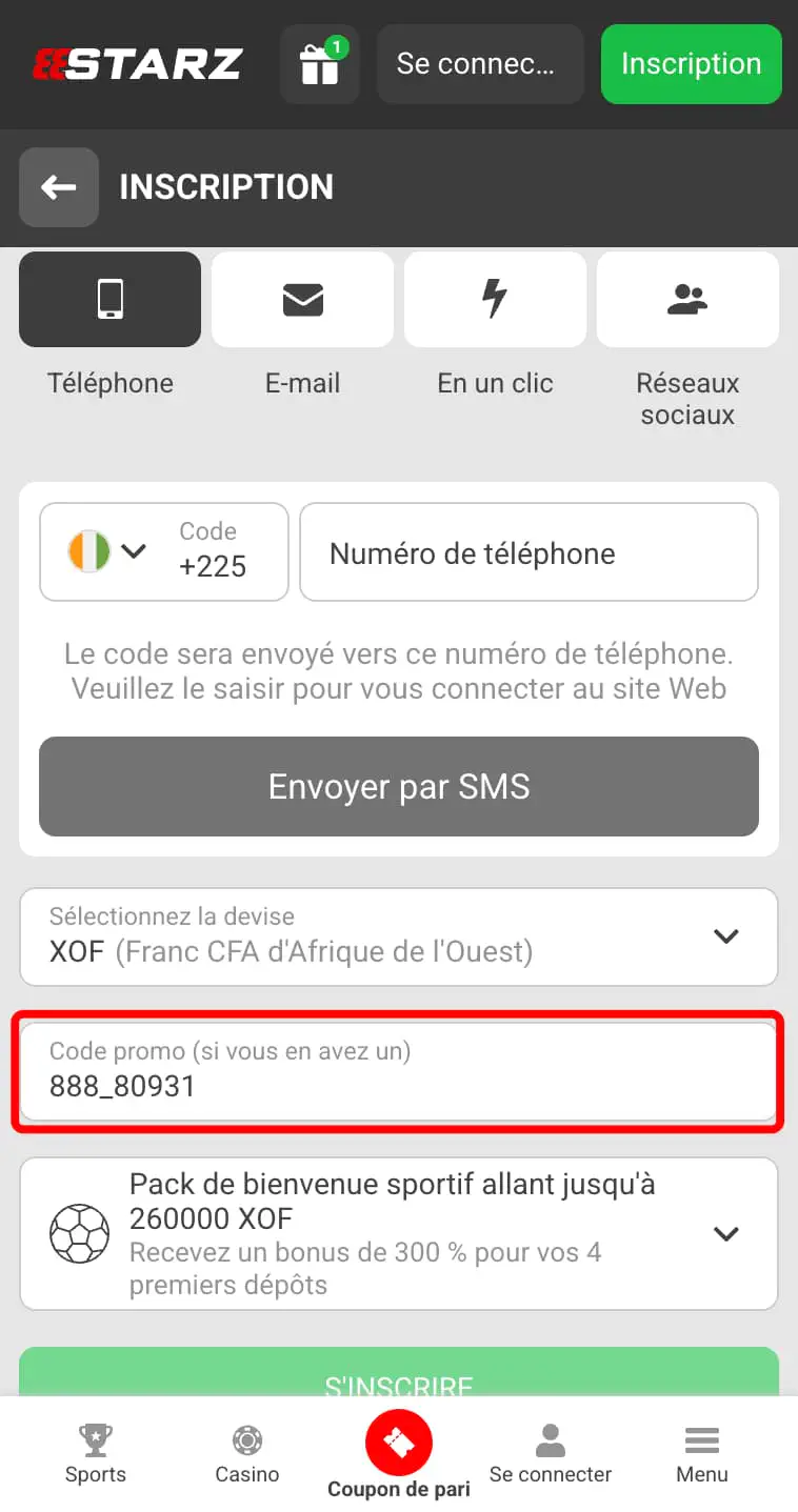 inscrire sur 888STARZ