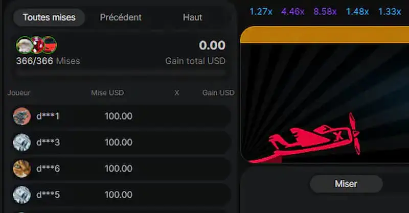 L’onglet des mises en cours et des gains